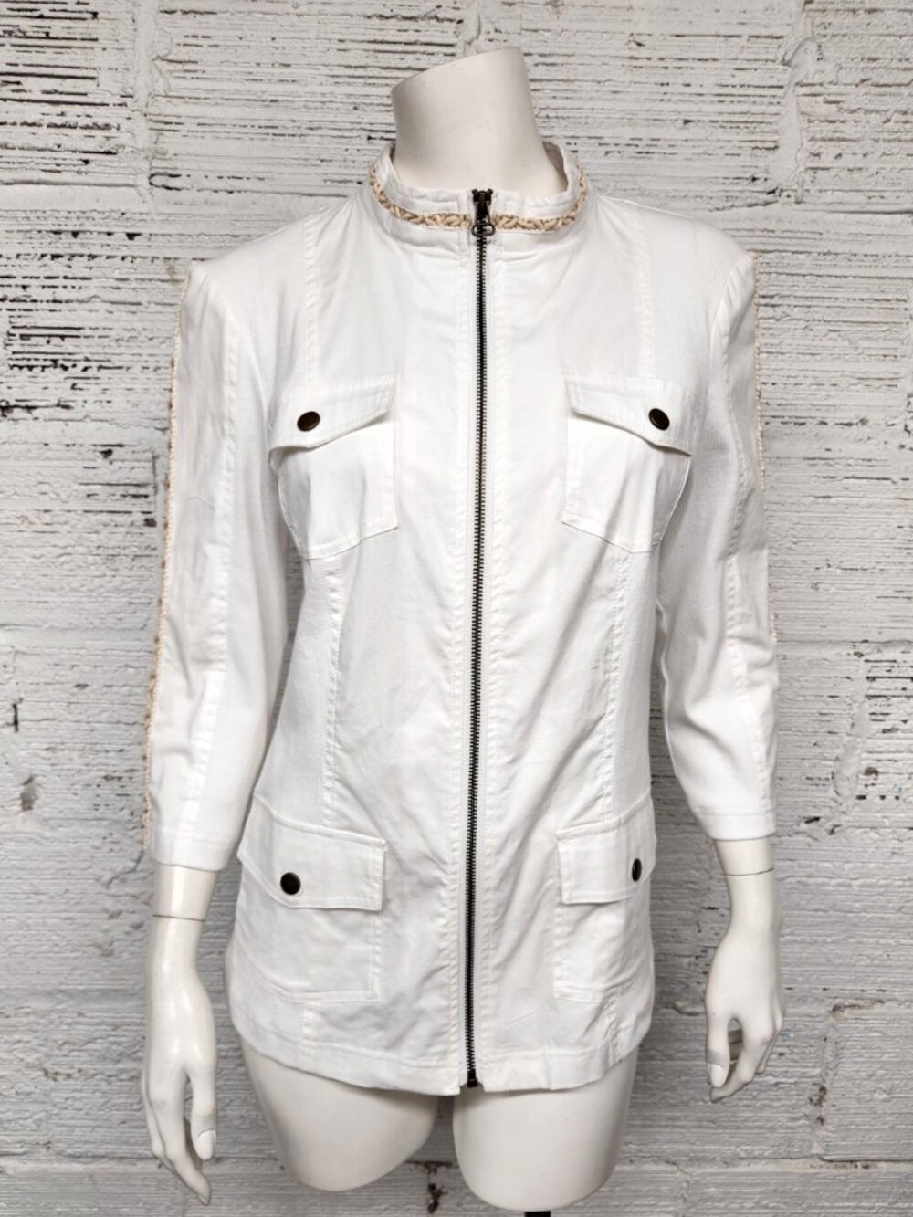 Zenergy by Chico's Size 0 White Utility Jacket with Braided Trim